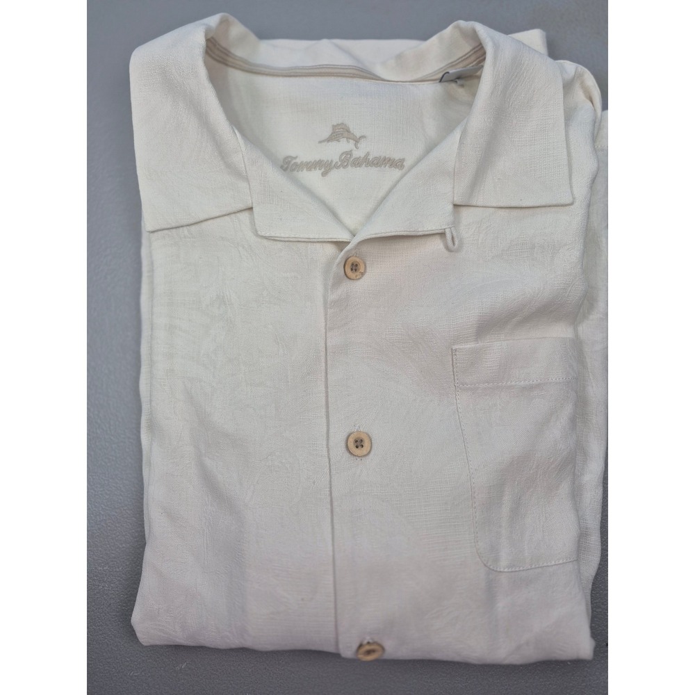 Tommy Bahama Mens Silk Short Sleeve Button Down Shirt Cream Tropical Jacquard L
